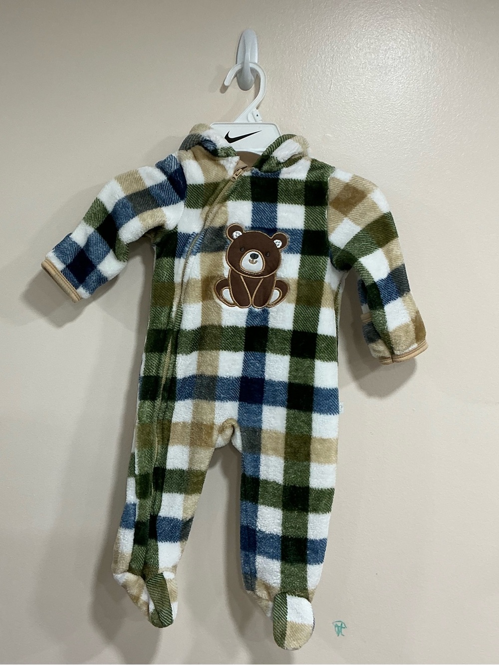 Little Joy 6-9 month Green, Navy, White & Tan Plaid Fleece Baby One-Piece